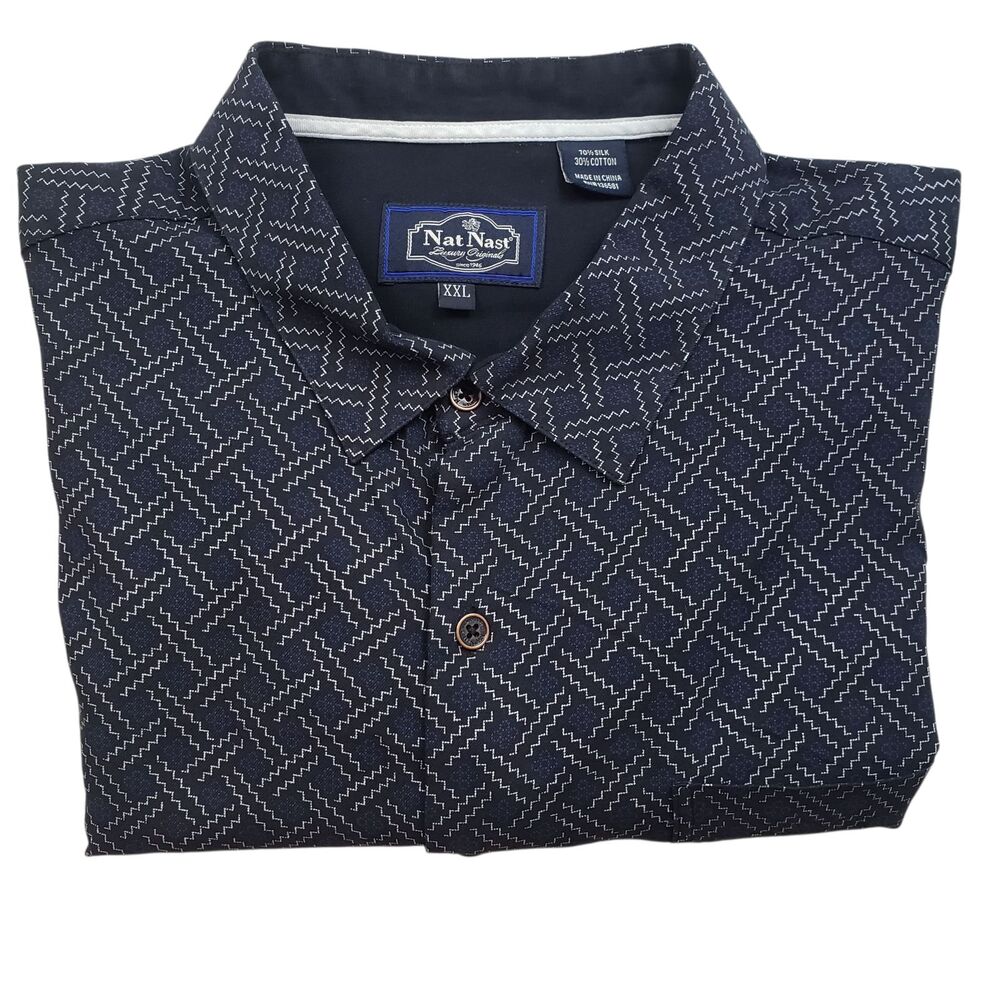 Nat Nast Geometric Silk Blend Shirt Mens 2XL Blue Short Sleeve
